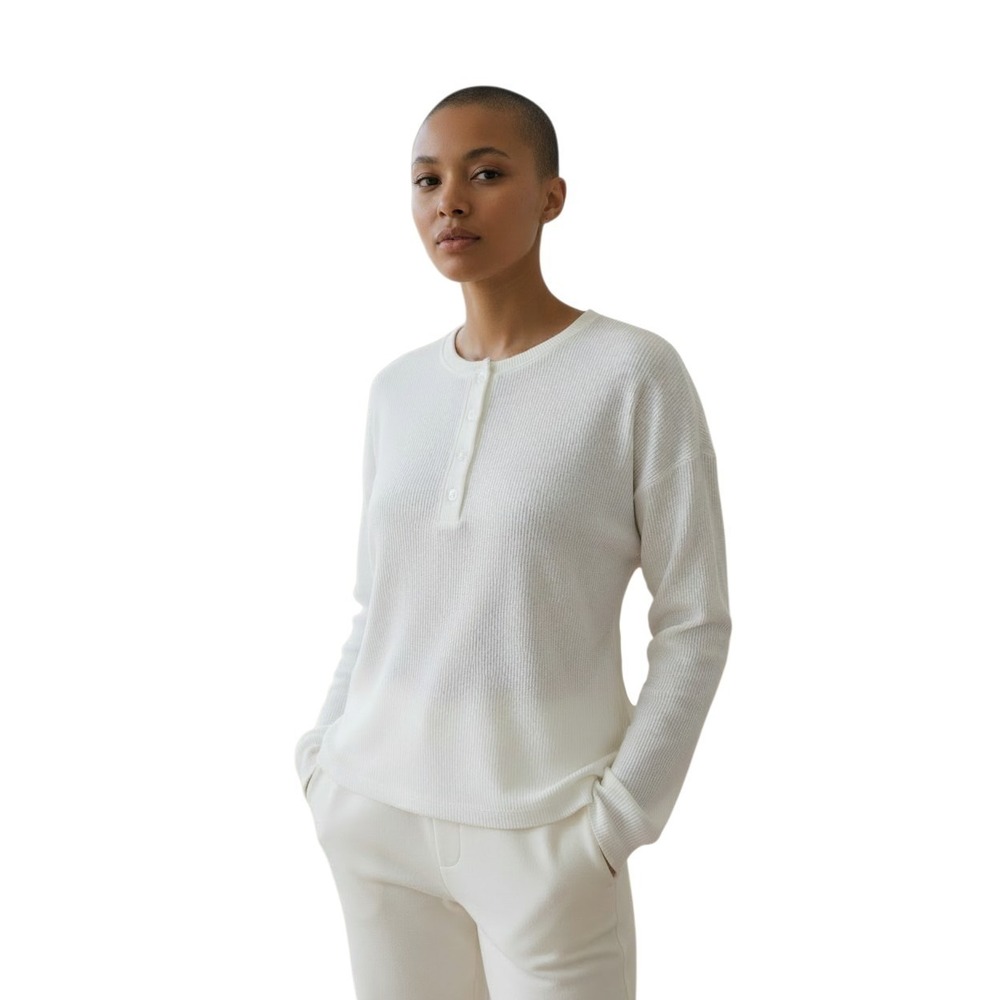 New Laviva Knit Henley Women's Size 40/US Medium White Shimmer Long Sleeve Top